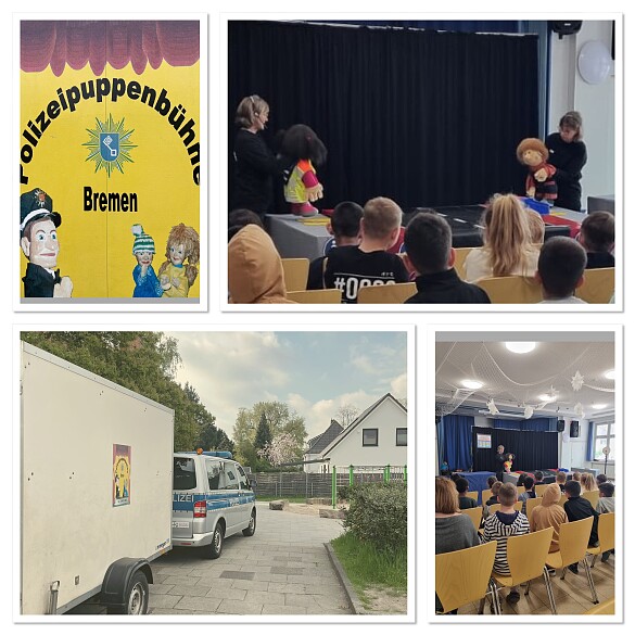 auf der Photocollage ist das Logo der Polizeipuppenbühne, ein Blick auf die Bühne, ein Polizeibus mit Anhänger sowie die Zuschauerreihen von hinten in der Aula zu sehen.